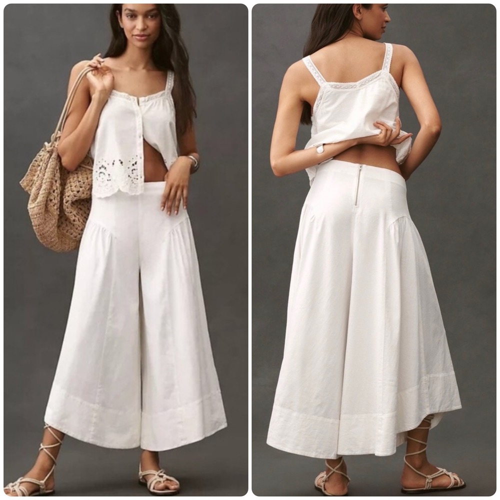 By Anthropologie Womens Ivory Linen Blend Wide Leg Coastal Boho Palazzo Pants 8